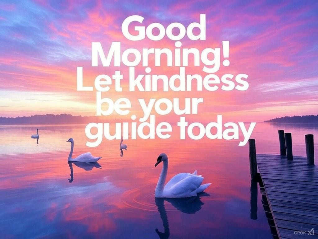 Dreamy good morning image of a watercolor sunrise over a lake with swans and a kindness quote.
