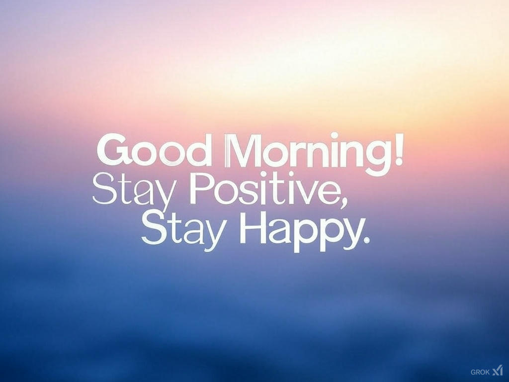 Elegant good morning quote image with a minimalist sunrise gradient background and the words "Stay Positive, Stay Happy."