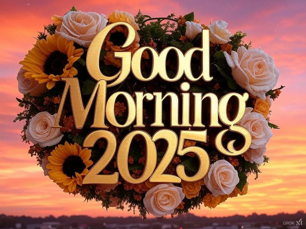 Festive good morning 2025 image with golden typography and elegant floral elements over a sunrise background.