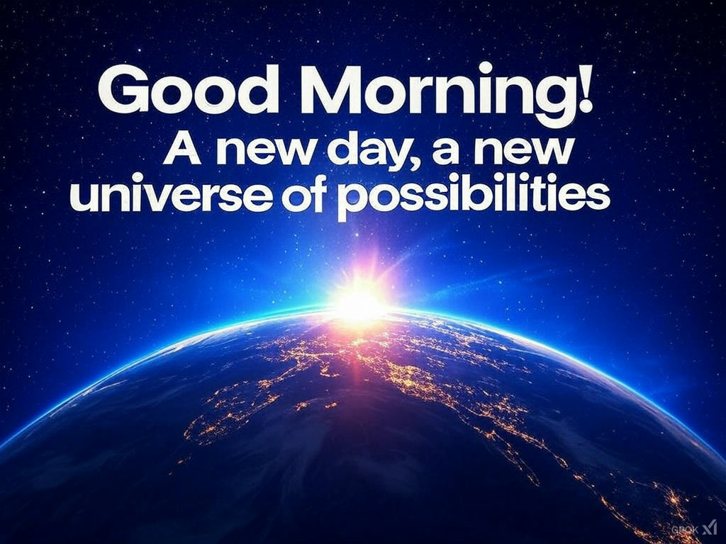 Futuristic good morning image of a sunrise from space with Earth and a cosmic possibilities quote.