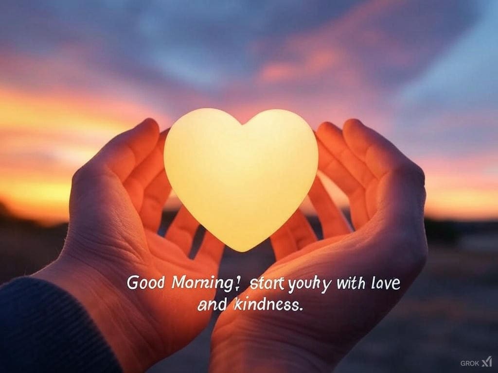 Heartwarming good morning image with hands holding a glowing heart against a sunrise background.