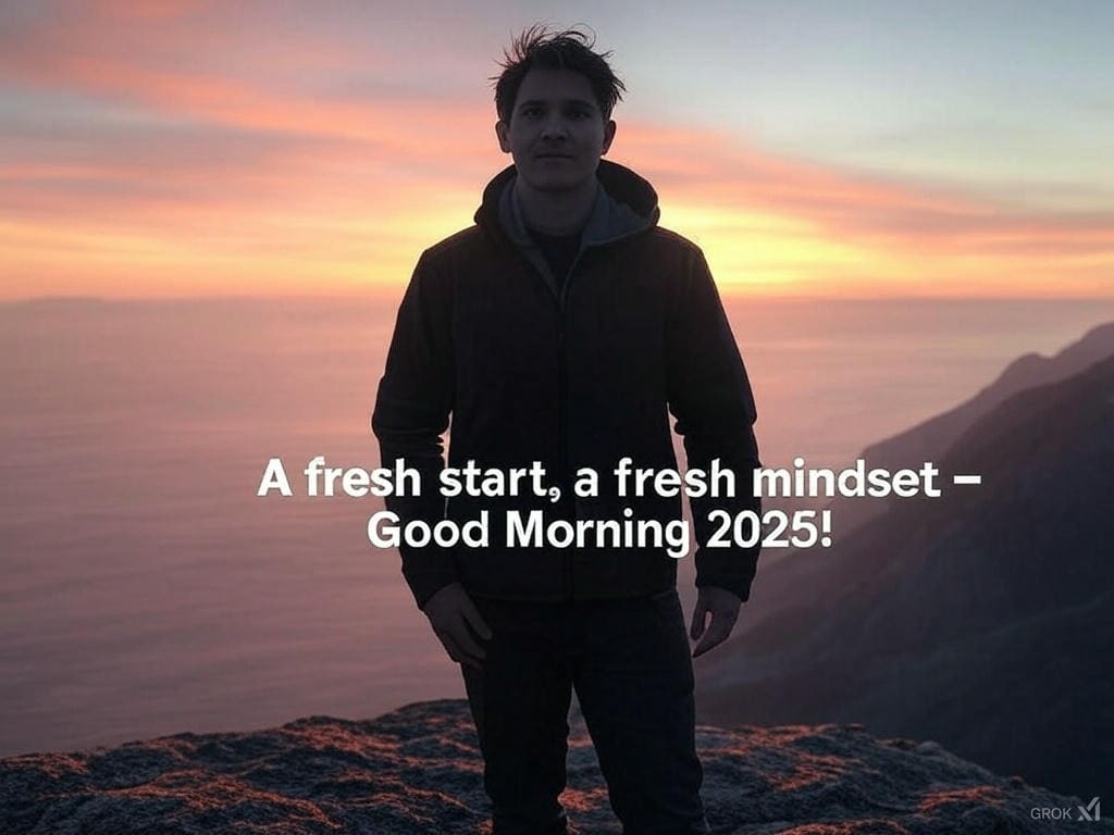 Uplifting good morning 2025 image of a person at a cliff edge watching the sunrise.