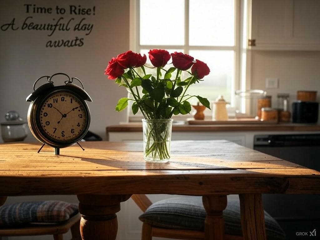 Vintage good morning scene featuring an old-fashioned clock, a rustic wooden table, and a vase of fresh red roses.