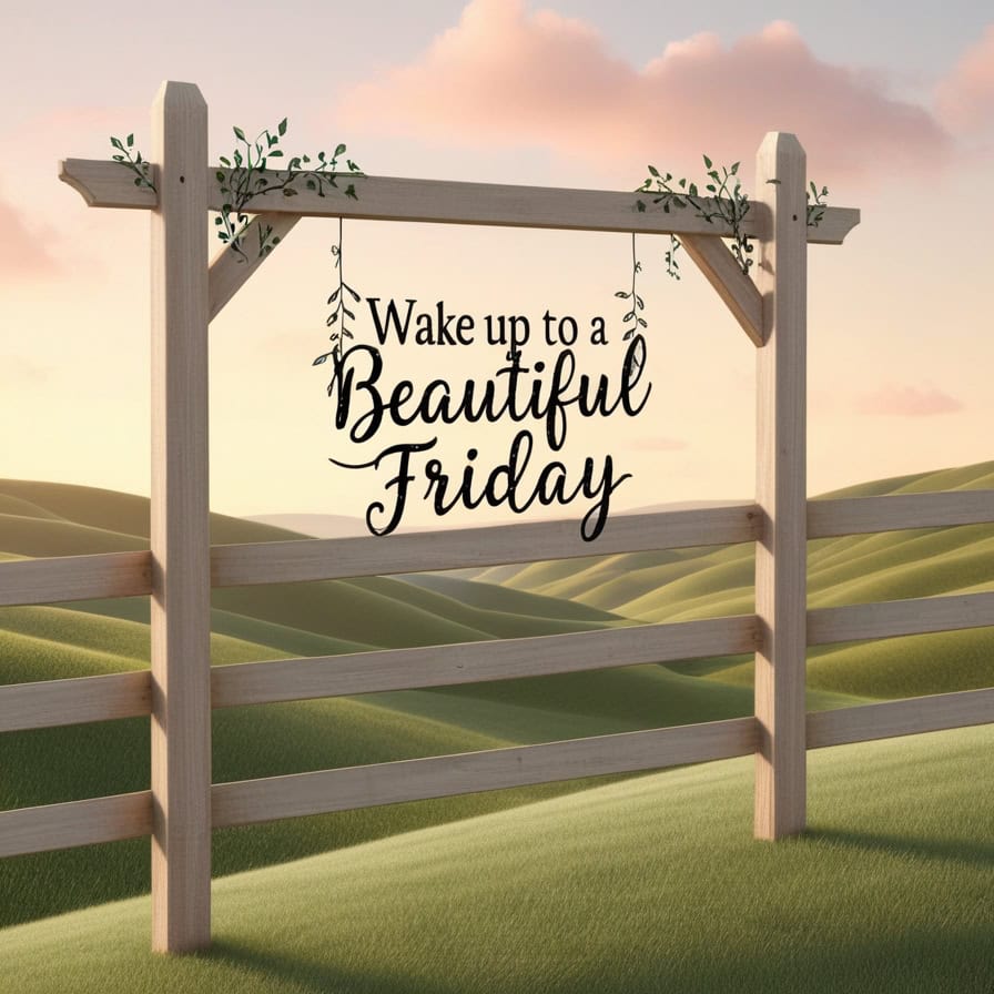A serene landscape of rolling green hills under a golden sunrise with a soft pink and blue sky, framed by a wooden fence adorned with green vines. A sign on the fence reads "Wake Up to a Beautiful Friday" in elegant black script.