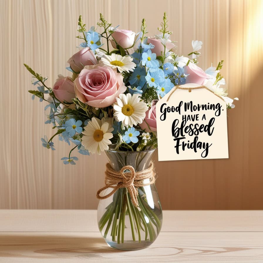 A delicate bouquet of pink roses, white daisies, and blue forget-me-nots arranged in a clear vase tied with twine, set against a soft wooden backdrop. A tag attached to the vase reads "Good Morning, Have a Blessed Friday" in elegant black script.