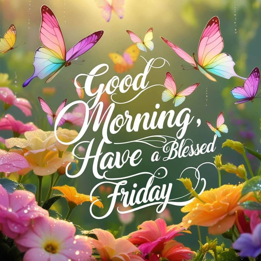 A vibrant garden scene with colorful butterflies fluttering around dew-kissed flowers in shades of pink, yellow, and orange. The text "Good Morning, Have a Blessed Friday" is written in elegant white script across the image.