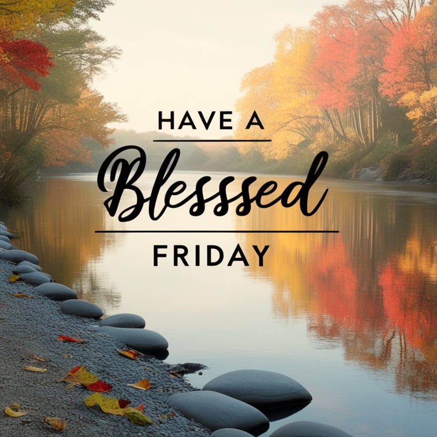 A tranquil river reflecting the vibrant autumn colors of trees with red, yellow, and orange leaves, lined with smooth stones along the shore. The text "Have a Blessed Friday" is written in elegant black script across the image.