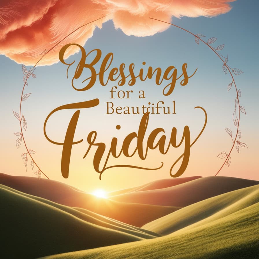 A stunning sunrise over rolling green hills with a golden sky and soft pink clouds. The text "Blessings for a Beautiful Friday" is written in elegant brown script, framed by delicate leafy vines.