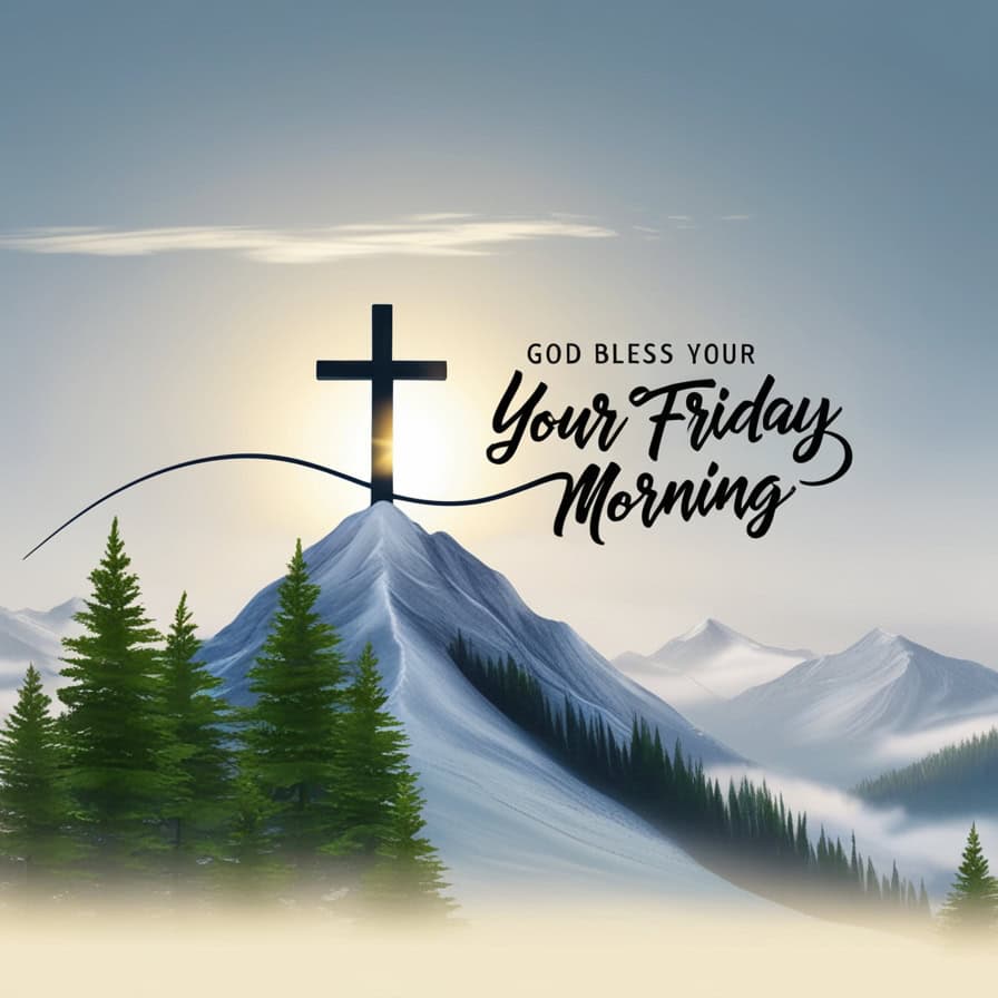 A majestic mountain landscape with snow-capped peaks and evergreen trees under a soft sky, featuring a silhouette of a cross at the summit with the sun rising behind it. The text "God Bless Your Friday Morning" is written in elegant black script across the image.