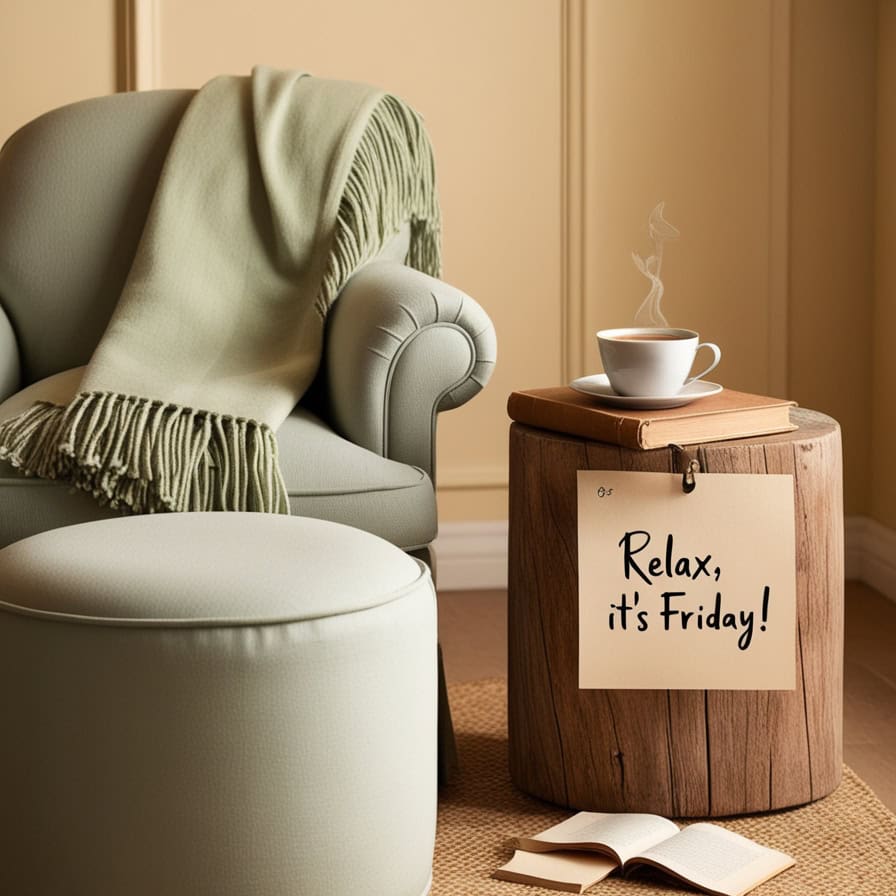 A cozy indoor scene featuring a comfortable armchair with a green blanket, a small round table with a steaming cup of coffee on books, and an ottoman. A sign on the table reads "Relax, It’s Friday!" in elegant black script, set against a warm beige wall.