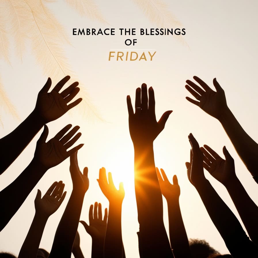 Silhouetted hands reaching upward towards a bright sun against a soft sky, with delicate feather-like patterns in the background. The text "Embrace the Blessings of Friday" is written in elegant gold script across the image.