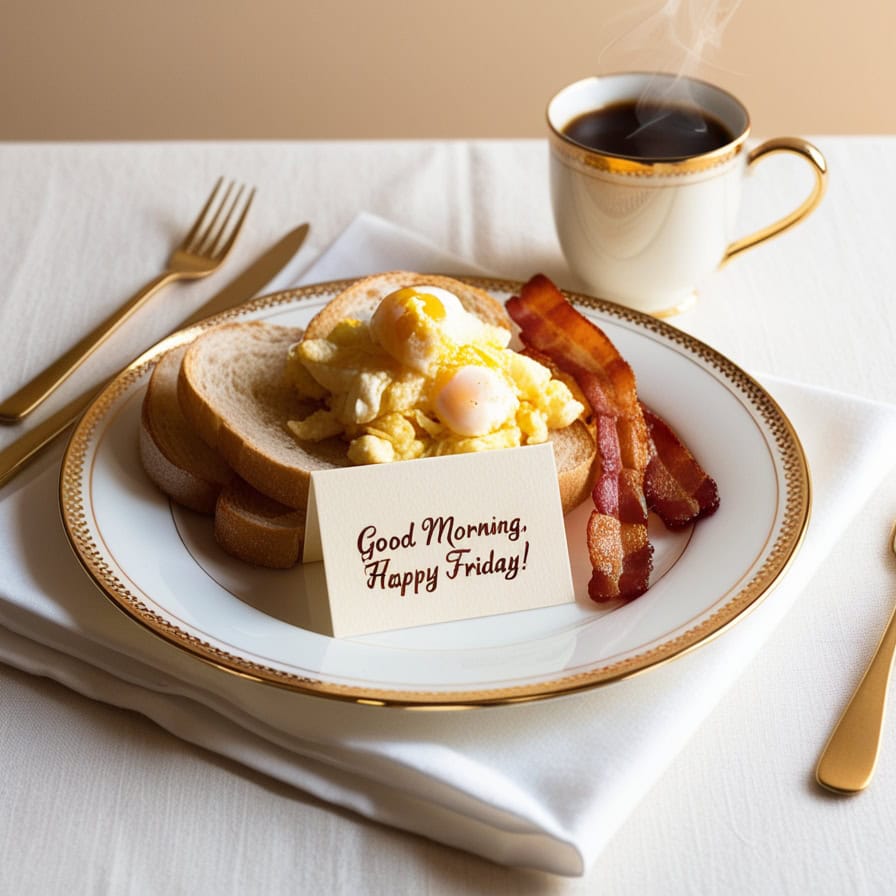 A elegantly plated breakfast featuring scrambled eggs, poached eggs, and crispy bacon on toast, served on a gold-rimmed plate with gold utensils. A small card on the plate reads "Good Morning, Happy Friday!" in stylish brown script, accompanied by a steaming cup of coffee.