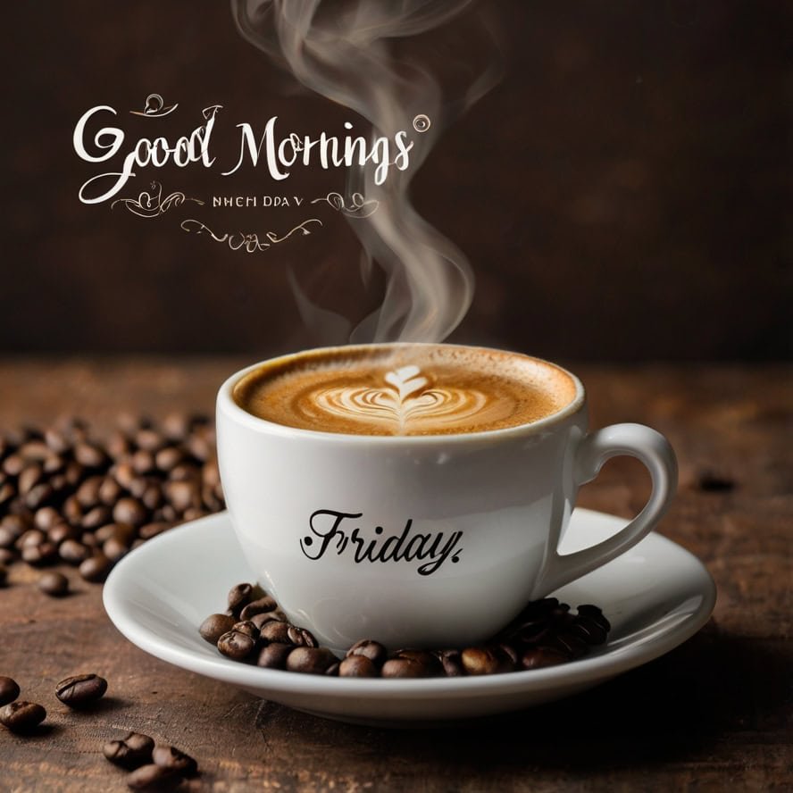 A steaming cup of coffee with a heart-shaped foam design, placed on a saucer surrounded by coffee beans. The cup has the word "Friday" written on it, and elegant script above reads "Good Morning! Happy Friday!" against a warm, dark background.