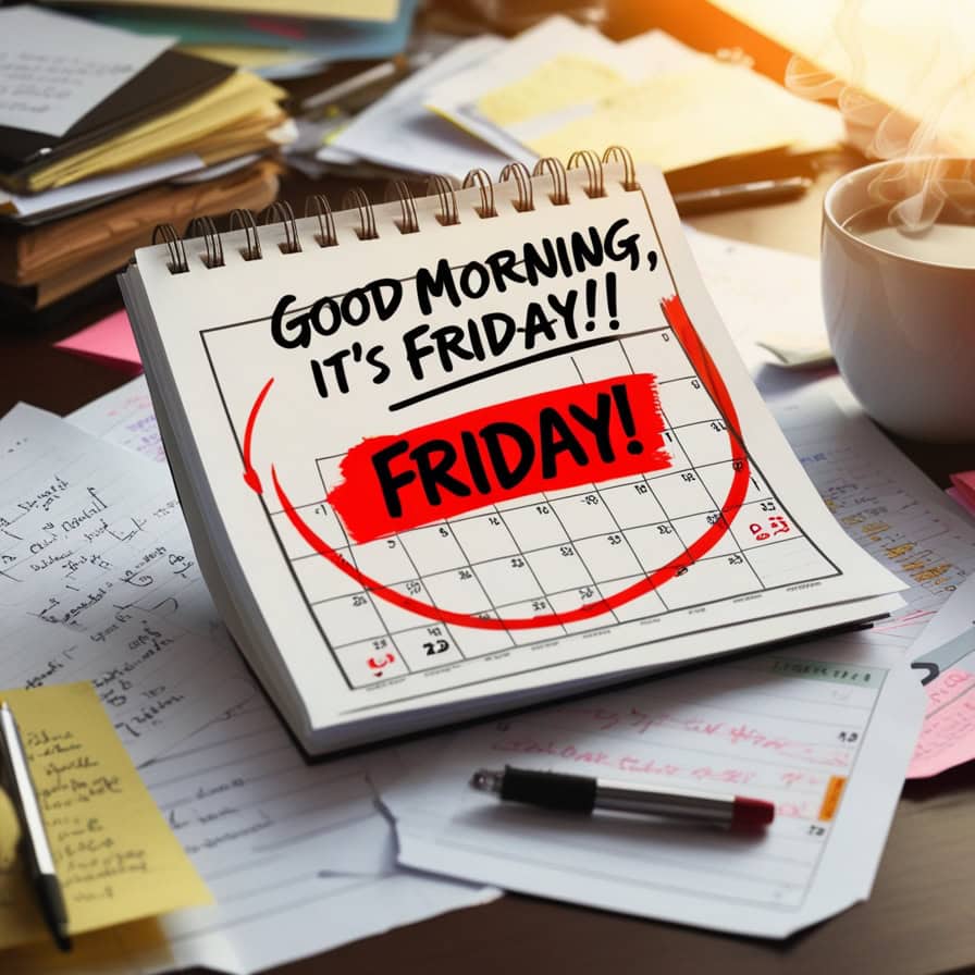 A cluttered desk with a calendar prominently displaying "Good Morning, It’s Friday!" in bold black and red text, with the current date circled in red. A steaming coffee cup, pens, sticky notes, and scattered papers add to the busy yet exciting vibe.
