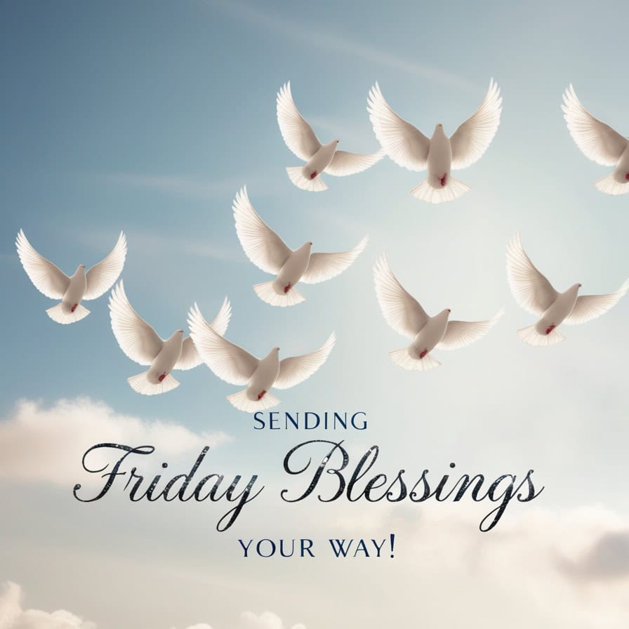 A serene blue sky with soft clouds, filled with white doves flying gracefully. The text "Sending Friday Blessings Your Way!" is written in elegant black and blue script across the image.