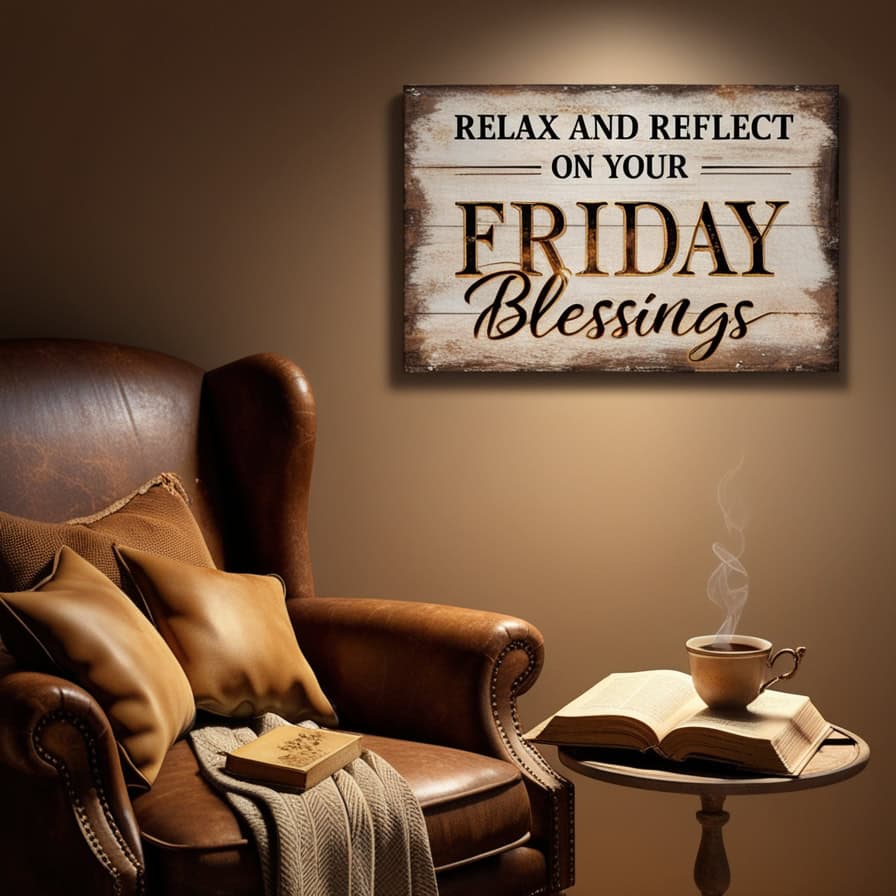 A cozy reading nook featuring a plush brown leather armchair with cushions and a blanket, a small side table with an open book and a steaming cup of coffee, and a rustic sign on the wall reading "Relax and Reflect on Your Friday Blessings" in elegant brown script.