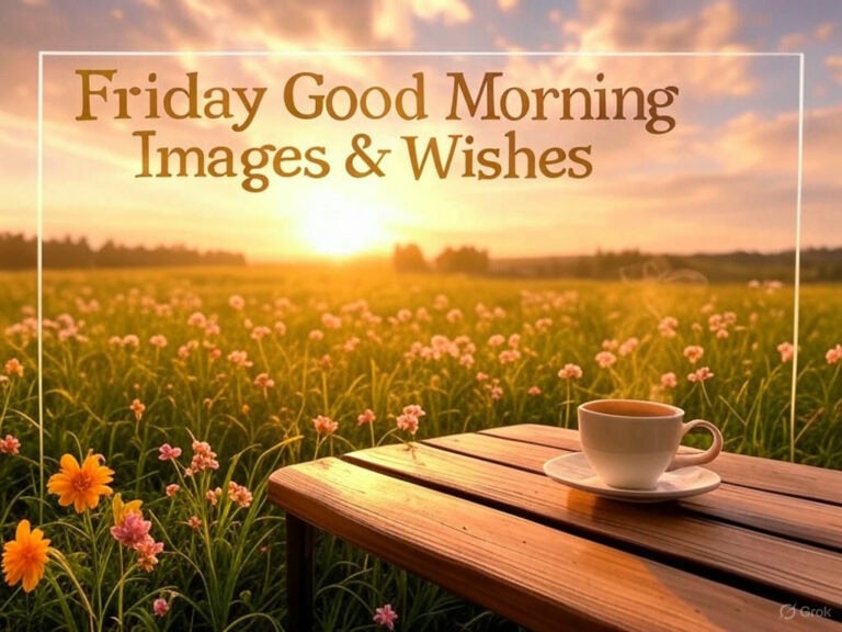 A serene and uplifting Friday morning scene featuring a golden sunrise over a peaceful meadow filled with blooming flowers in shades of pink, yellow, and orange. A steaming cup of coffee rests on a wooden table in the foreground, with a soft blue and orange sky adorned with fluffy clouds. The text "Friday Good Morning Images & Wishes" is prominently displayed at the top in elegant brown script, framed within a rectangular border.