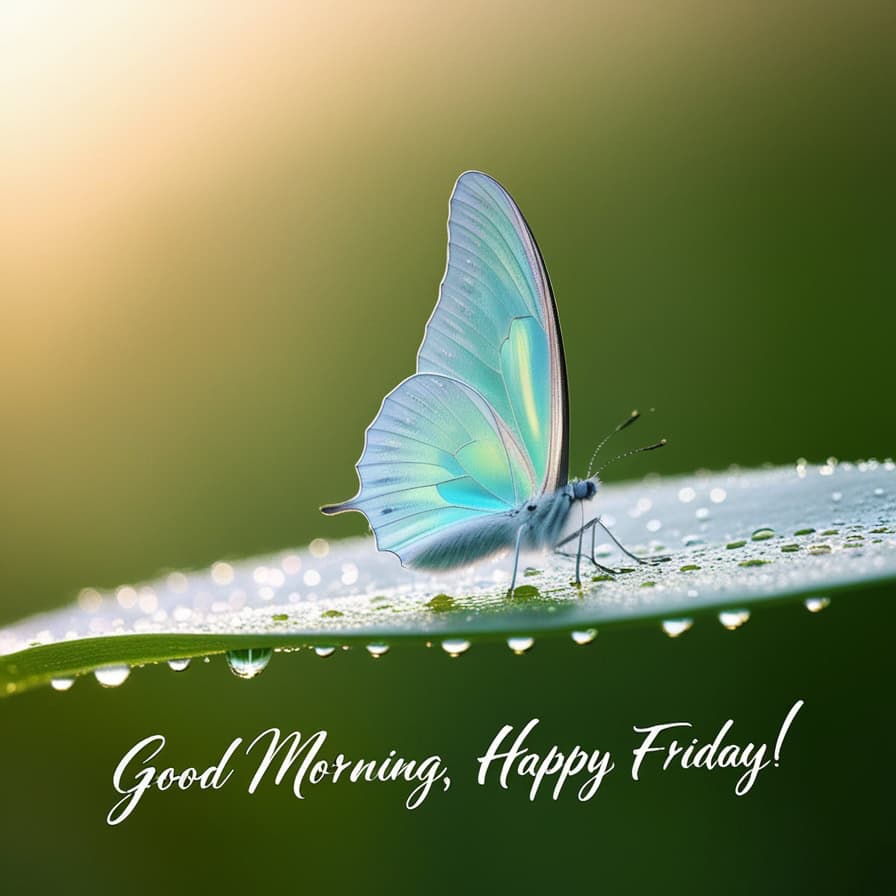 A delicate blue butterfly with shimmering wings resting on a dewy green leaf, with soft sunlight creating a warm, glowing background. The text "Good Morning, Happy Friday!" is written in elegant white script below the butterfly.