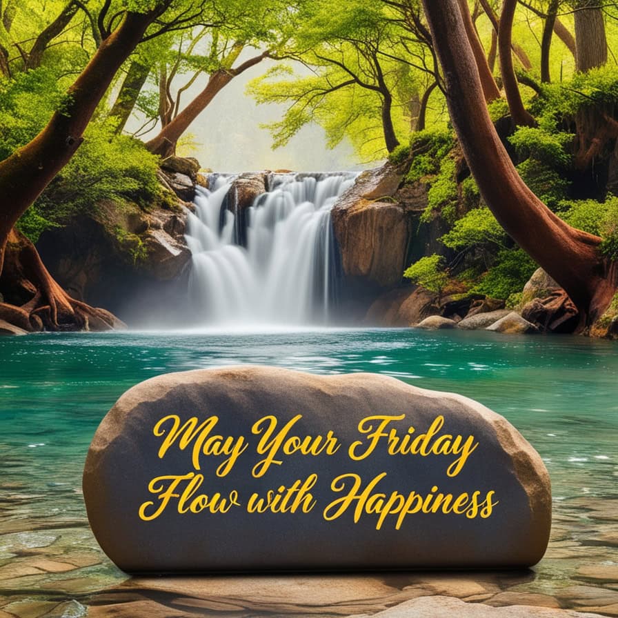 A tranquil scene featuring a cascading waterfall surrounded by lush green trees and a turquoise pool, with sunlight filtering through the branches. A large stone in the foreground bears the text "May Your Friday Flow with Happiness" in elegant yellow script.