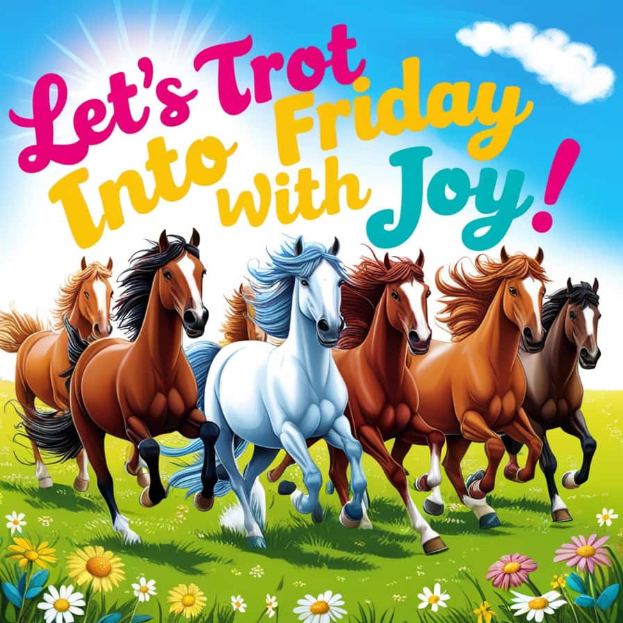 A vibrant illustration of a group of horses galloping across a lush green field dotted with colorful flowers, under a bright blue sky with fluffy clouds. The text "Let’s Trot into Friday with Joy!" is written in playful pink and yellow script across the top.