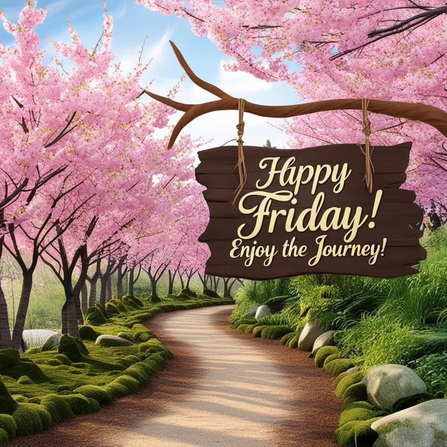 A winding nature trail lined with vibrant pink cherry blossom trees under a clear blue sky, surrounded by lush green shrubs and rocks. A wooden sign hanging from a branch reads "Happy Friday! Enjoy the Journey!" in elegant yellow and white script.