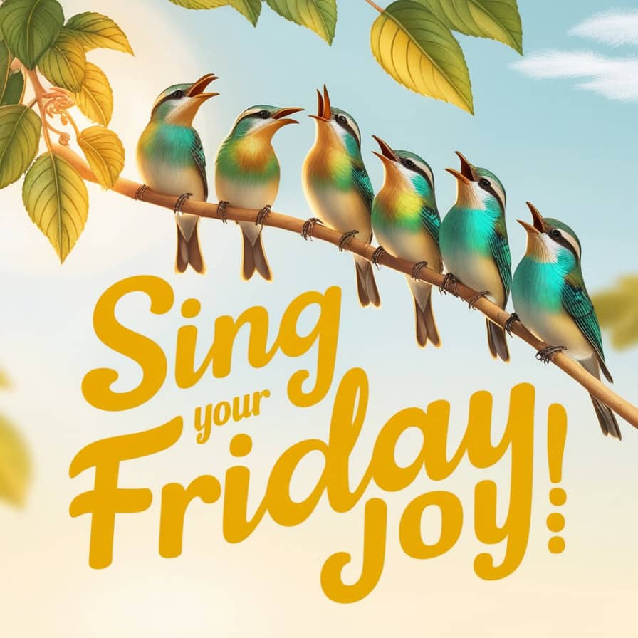 A serene illustration of colorful songbirds perched on a branch with green and yellow leaves, singing under a bright blue sky with soft clouds. The text "Sing Your Friday Joy!" is written in bold yellow script below the birds.