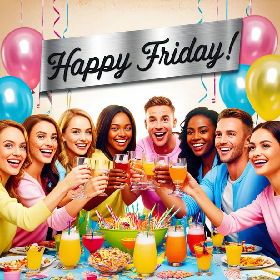 A vibrant scene of a diverse group of smiling people toasting with colorful drinks, surrounded by balloons, streamers, and a festive table with snacks and beverages. A metallic sign above reads "Happy Friday!" in bold black script.