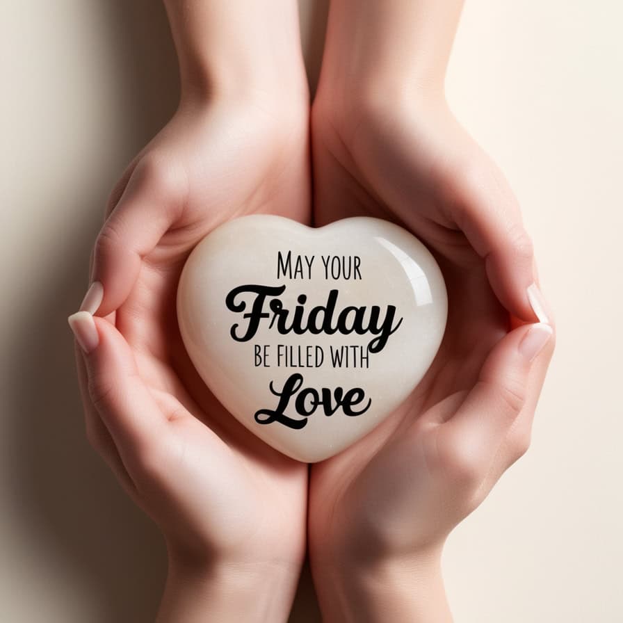 A pair of hands tenderly holding a smooth, white heart-shaped stone with the text "May Your Friday Be Filled with Love" written in elegant black script, set against a soft beige background.