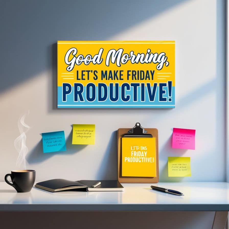 A tidy office desk with a steaming coffee cup, an open notebook, a pen, and a clipboard displaying "Let’s Make This Friday Productive!" in bold text. A colorful sign on the wall reads "Good Morning, Let’s Make Friday Productive!" surrounded by sticky notes with handwritten notes.