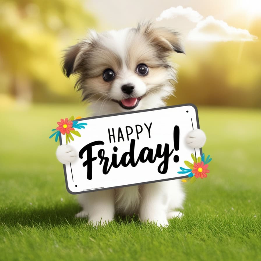A adorable puppy standing on green grass, holding a sign that reads "Happy Friday!" in bold black script. The sign is decorated with colorful flowers, and the background features a bright, sunny sky.