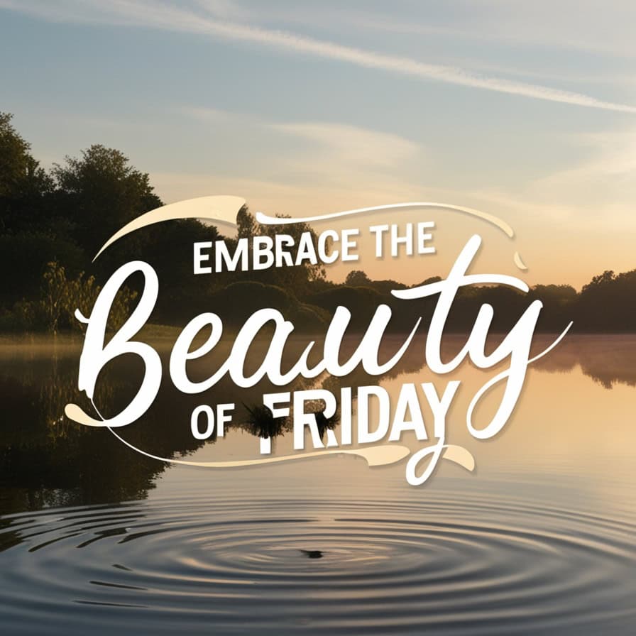 A tranquil lake reflecting the soft orange and blue hues of the dawn sky, surrounded by lush trees and gentle ripples on the water. The text "Embrace the Beauty of Friday" is written in elegant white script across the center of the image.