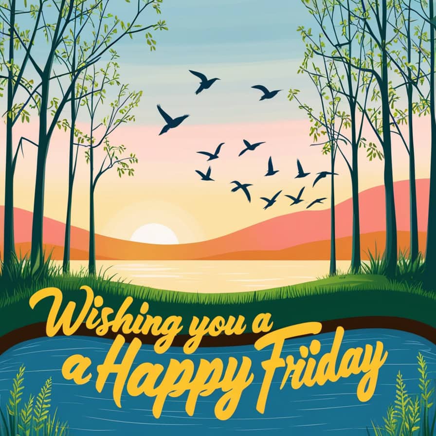 A stylized nature scene at dawn with a lake reflecting a pastel sunset, surrounded by trees and birds flying in the sky. The text "Wishing you a Happy Friday" is written in bold yellow script across the foreground.