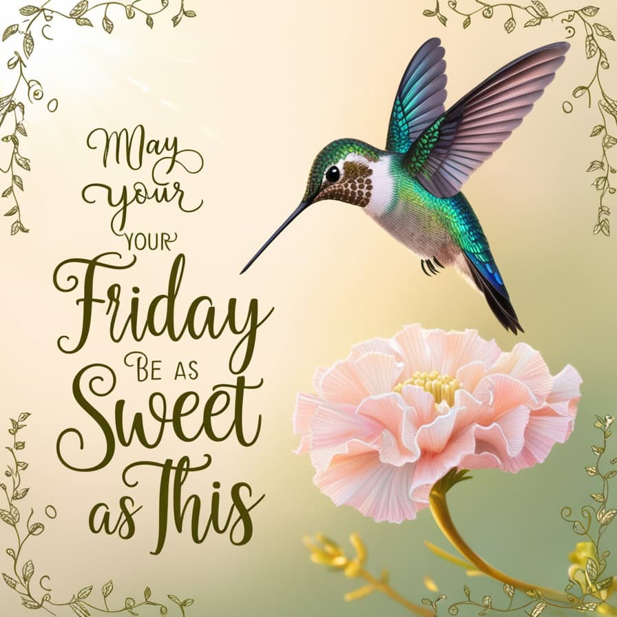 A vibrant hummingbird with iridescent green and blue feathers hovering over a soft pink blossom, framed by delicate leafy vines. The text "May Your Friday Be as Sweet as This" is written in elegant brown script across the image.