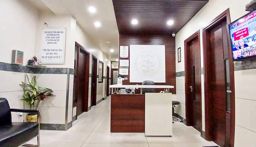 Reception area of Grover Gastro and Fertility Centre with modern decor.