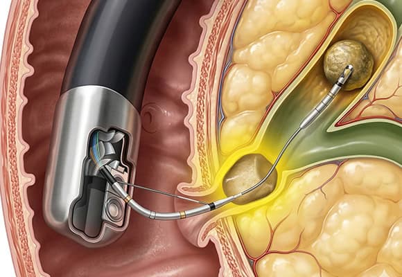 Minimally invasive hemorrhoid treatment procedure illustration.