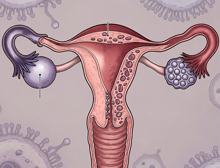 Detailed illustration of female reproductive system and ovulation process.