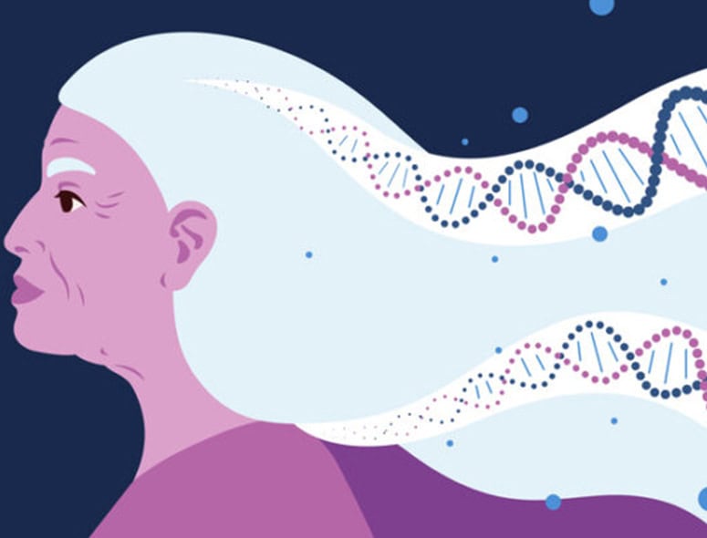 Illustration of a woman's profile with DNA strands in her hair, symbolizing fertility and genetics.
