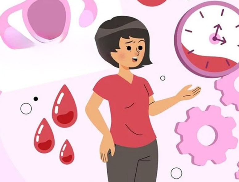 Illustration of a woman with menstrual blood drops and a clock, symbolizing fertility issues.