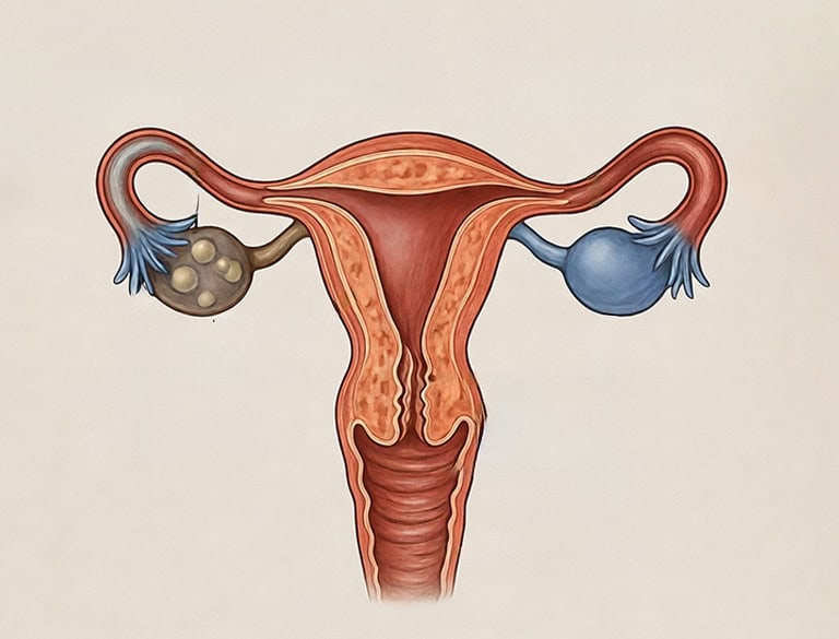 Illustration of female reproductive system highlighting ovaries and fallopian tubes.