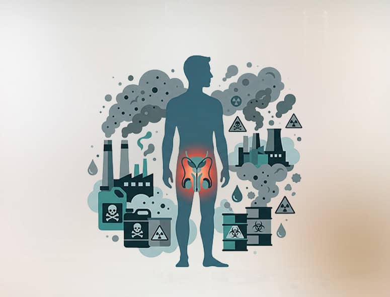 Illustration of human body with focus on reproductive organs amid pollution and toxins.