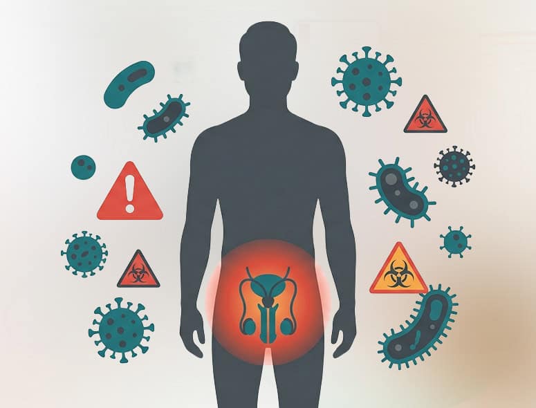 Male reproductive system affected by infections and bacteria, related to infertility.