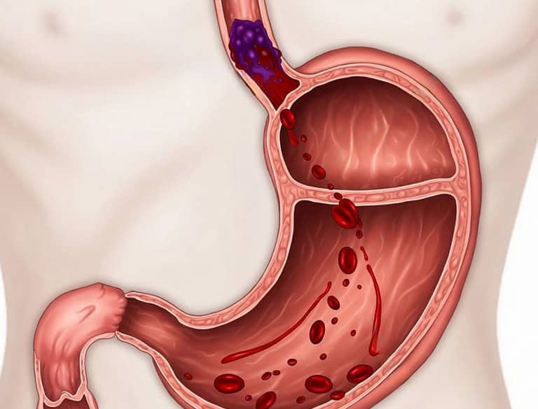 Illustration of upper gastrointestinal bleeding in the stomach and esophagus.