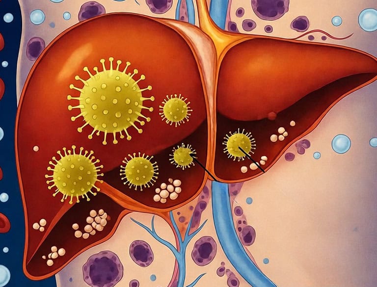 Illustration of hepatitis virus particles affecting the liver.