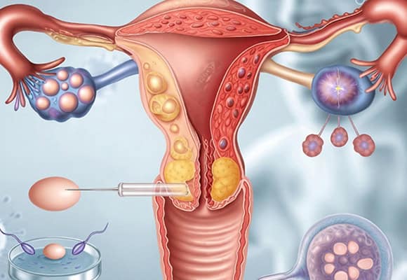 Illustration of female reproductive system with fertilization process and embryo development.