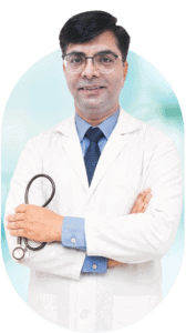 Doctor in white coat with stethoscope at Grover Gastro and Fertility Centre.