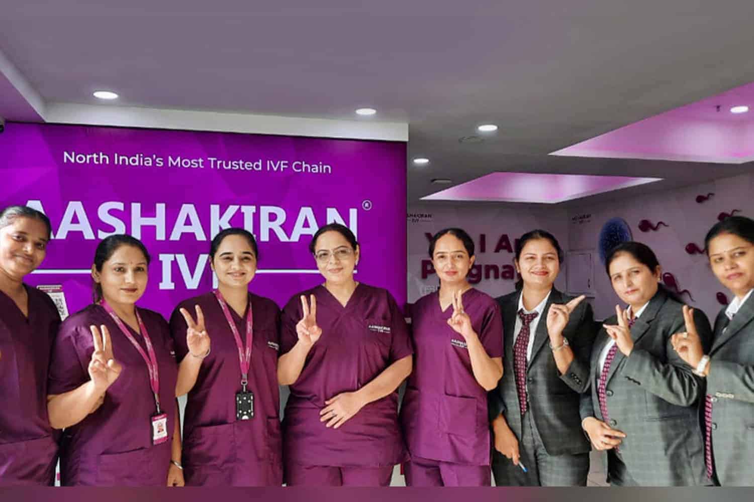 Medical team at Grover Gastro and Fertility Centre in front of Ashakiran IVF banner.