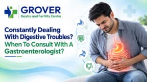 Man experiencing stomach pain, consulting a gastroenterologist for digestive issues.