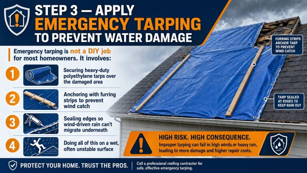 GRT Roofing explains how to safely tarp a damaged roof and recommends expert help to stop water damage.
