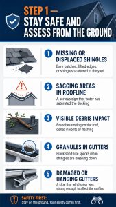 GRT Roofing’s guide reminds you to check for roof damage from the ground and always put safety first.