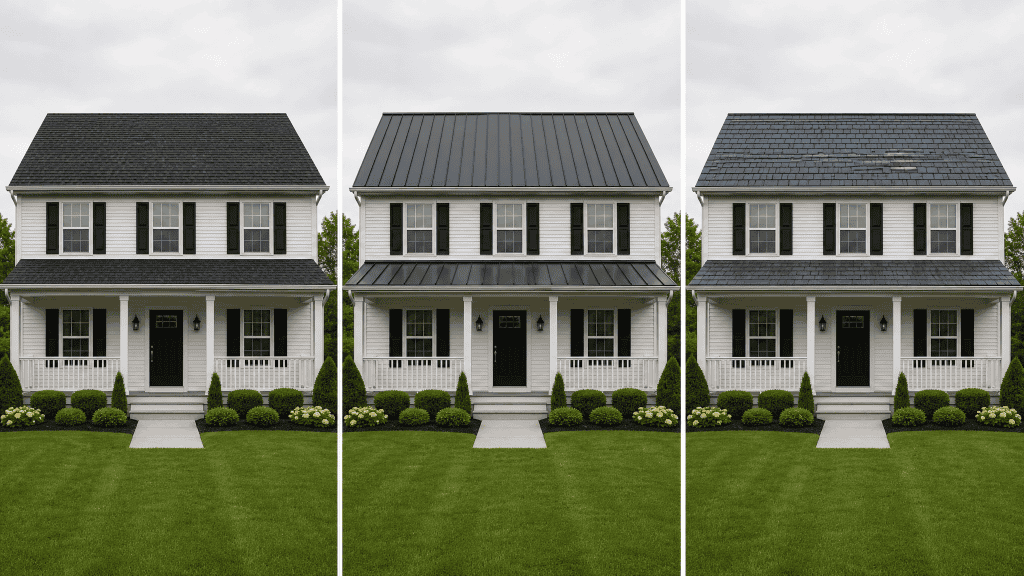Side-by-side comparison of asphalt shingle, standing-seam metal, and synthetic slate roofs on similar Ohio homes